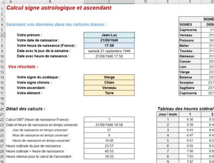 Calcul signe astrologique et ascendant Excel : le modèle idéal