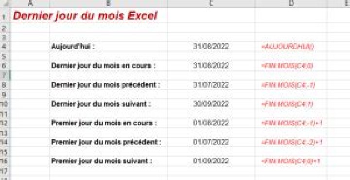Excel dernier jour du mois : formule FIN.MOIS + exemple