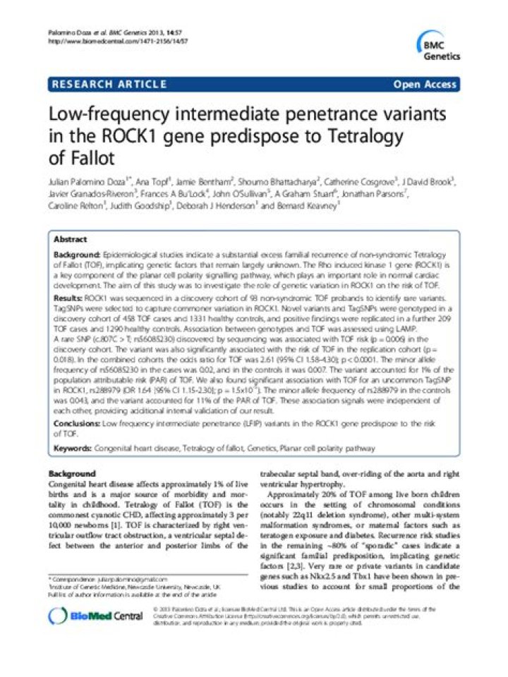 Low-frequency intermediate penetrance variants in the ROCK1 gene predispose to Tetralogy of Fallot - ePrints