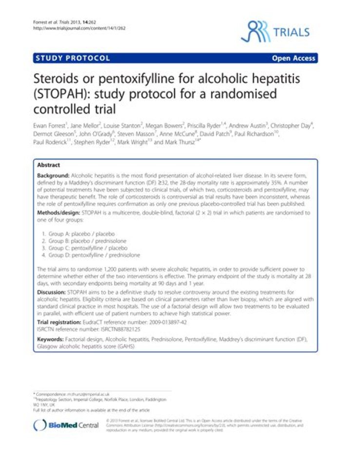 Steroids or pentoxifylline for alcoholic hepatitis (STOPAH): study protocol for a randomised controlled trial - ePrints