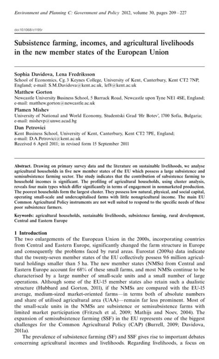 Subsistence farming, incomes, and agricultural livelihoods in the New Member States of the European Union - ePrints